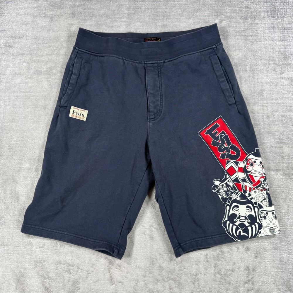 Evisu Shorts Mens Small Navy Blue Sweat Daruma Japanese Streetwear Logo